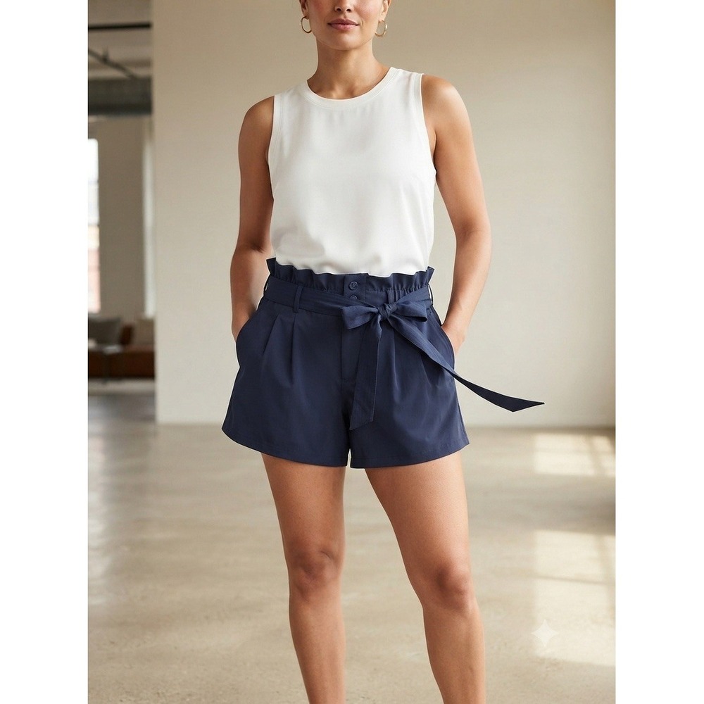 Athleta Skyline Short II Navy Blue Paperbag Waist Belted Shorts Size 18